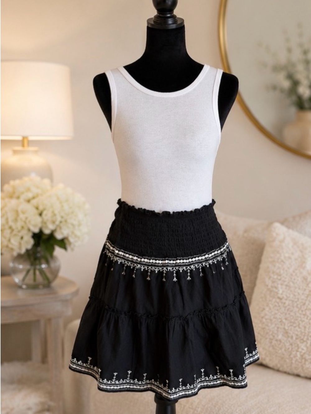 Embroidered Black Tiered Smocked Waist Skirt -